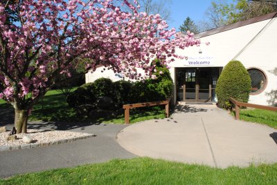 Front of white building