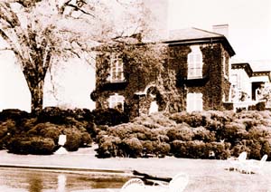 Sepia tone image of brick house